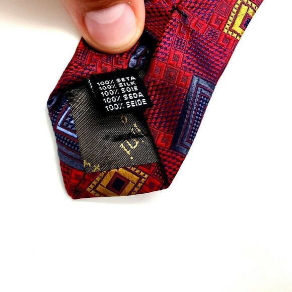 Roberto Villini Couture Silk Tie Red Woven Geometr - Picture 4 of 6